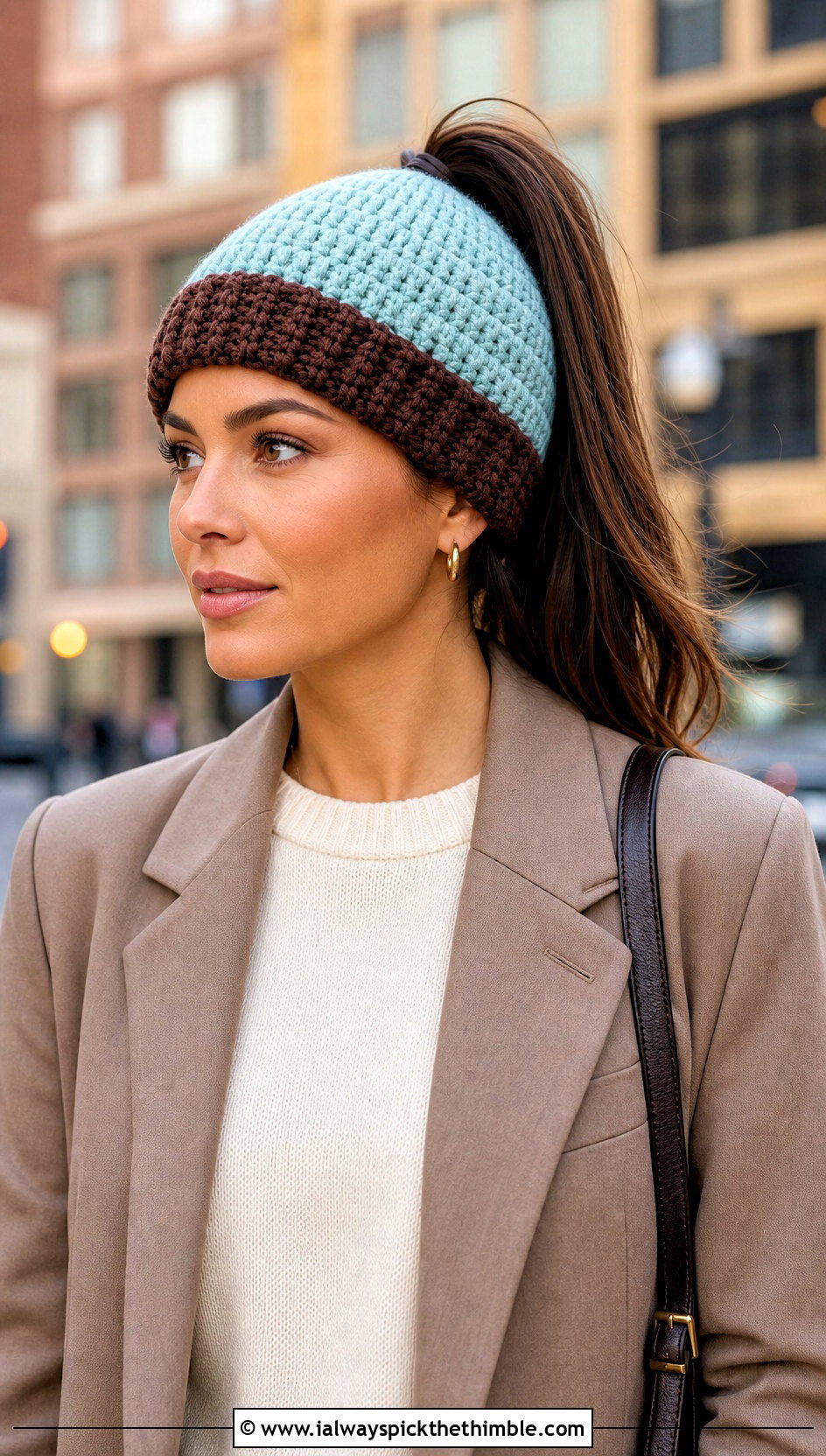 Two Tone Crochet Ponytail Hat With Blazer And Jeans - 20 crochet hat with ponytail hole outfit ideas