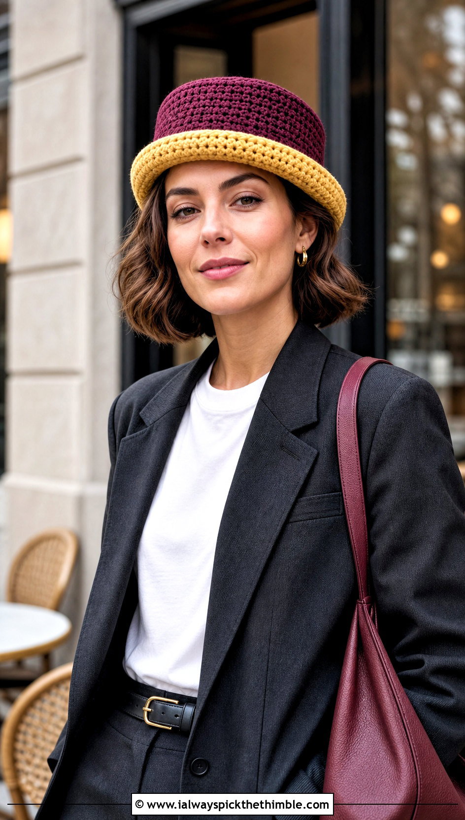 Two Tone Crochet Pork Pie Hat With Blazer And Jeans - 20 crochet pork pie hat outfit ideas