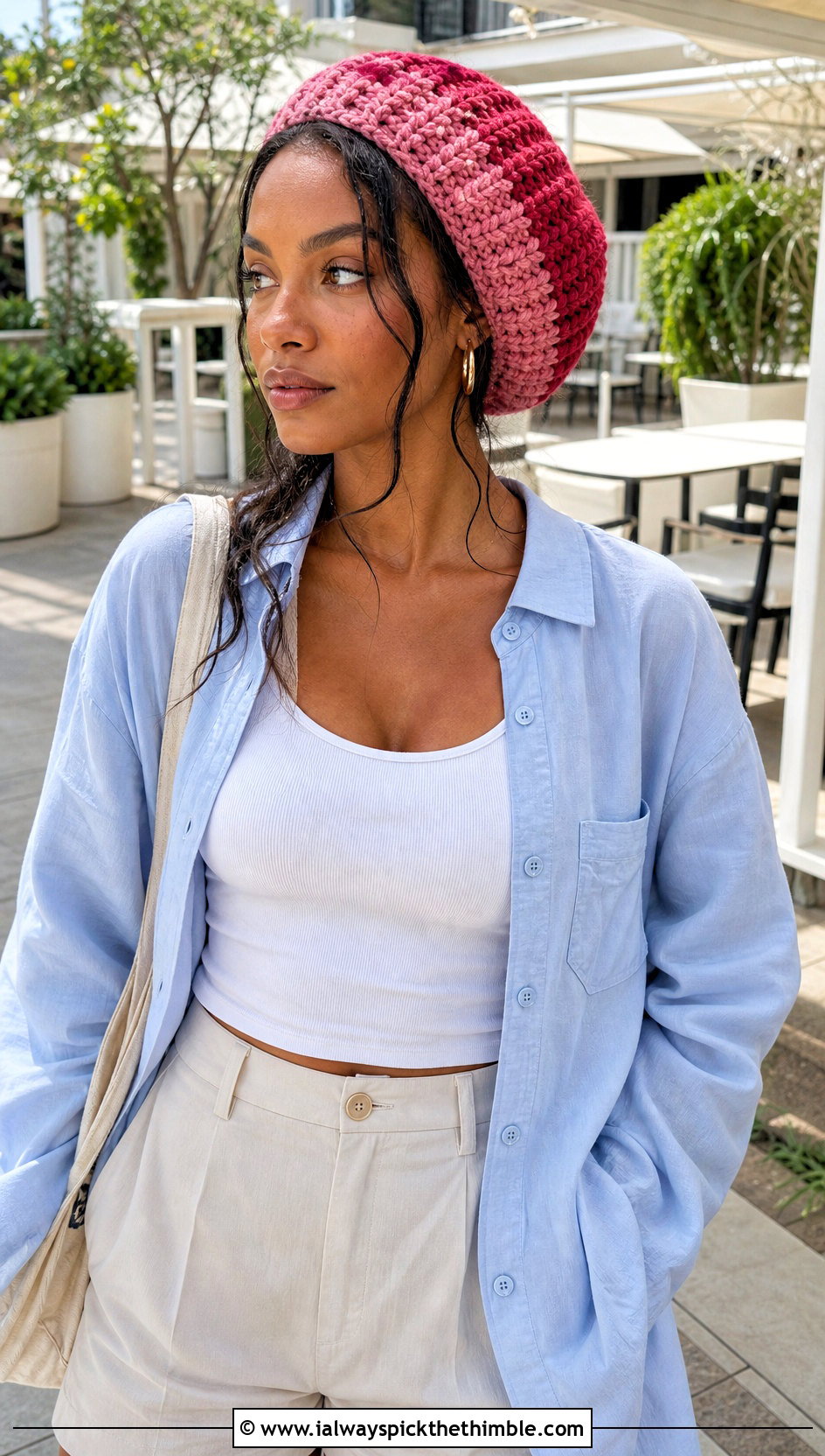 Two Tone Crochet Rasta Tam With Button Down Shirt And Tailored Shorts - 15 Crochet Bob Marley Hat outfit ideas