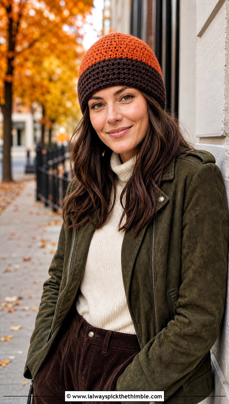 Two Tone Crochet Rectangle Beanie With Suede Jacket And Corduroy Pants - 20 Crochet Rectangle Beanie outfit ideas