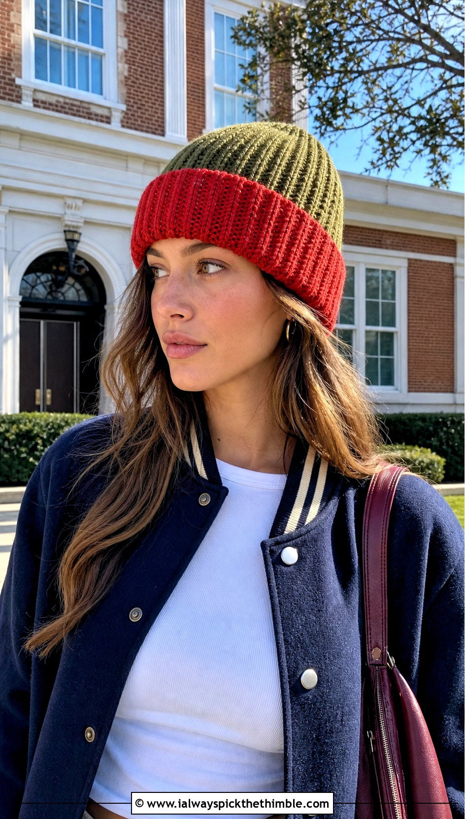 Two Tone Crochet Ribbed Beanie With Varsity Jacket - 20 easy crochet ribbed beanie outfit ideas