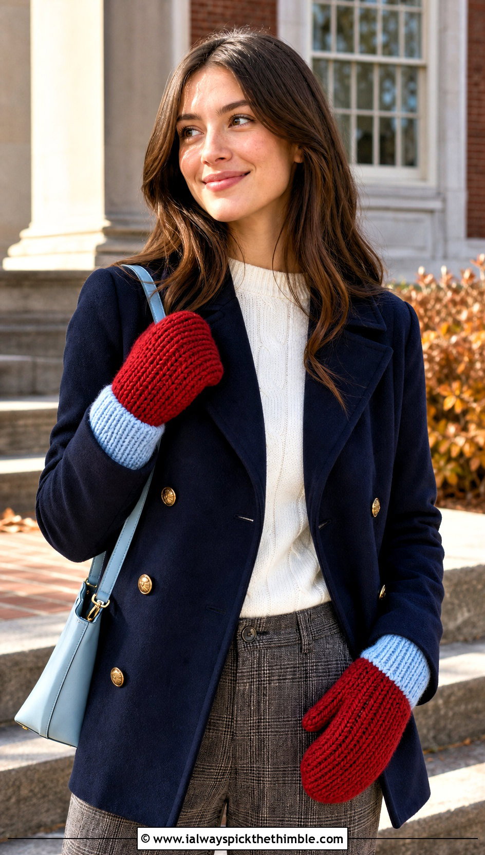 Two Tone Crochet Ribbed Mittens With Peacoat And Plaid Pants - 15 Crochet Ribbed Mittens outfit ideas