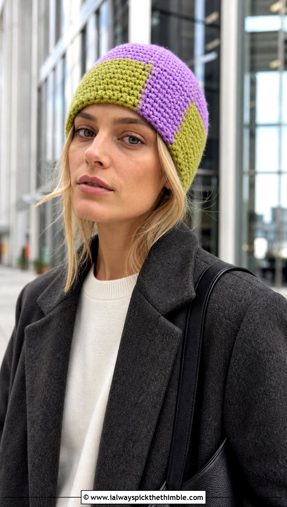 Two Tone Crochet Ski Hat With Blazer And Wide Leg Jeans - 20 crochet ski hat outfit ideas