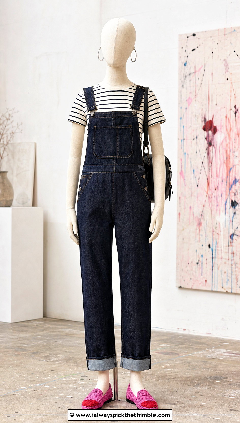 Two Tone Crochet Slipper Loafers With Denim Overalls - 15 crochet slip-on shoes on mannequin outfit ideas