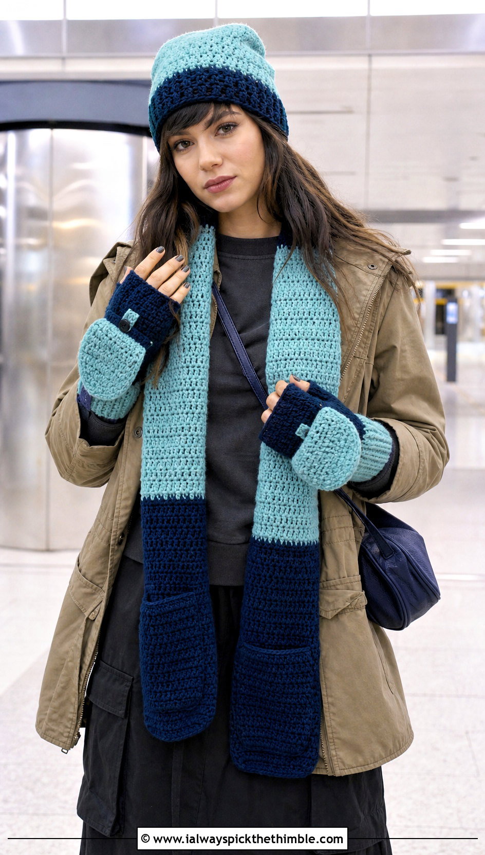 Two Tone Crochet Toque Pocket Scarf And Convertible Gloves With Utility Parka - 20 crochet hat scarf gloves set outfit ideas
