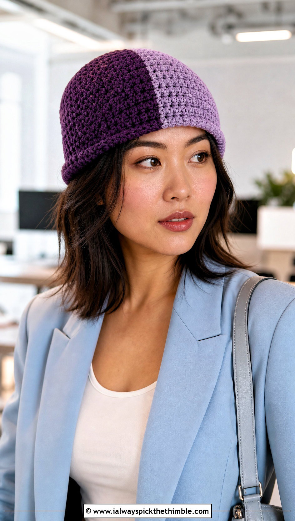 Two Tone Crochet Tube Hat With Pale Blue Suit - 20 Crochet Tube Hat outfit ideas