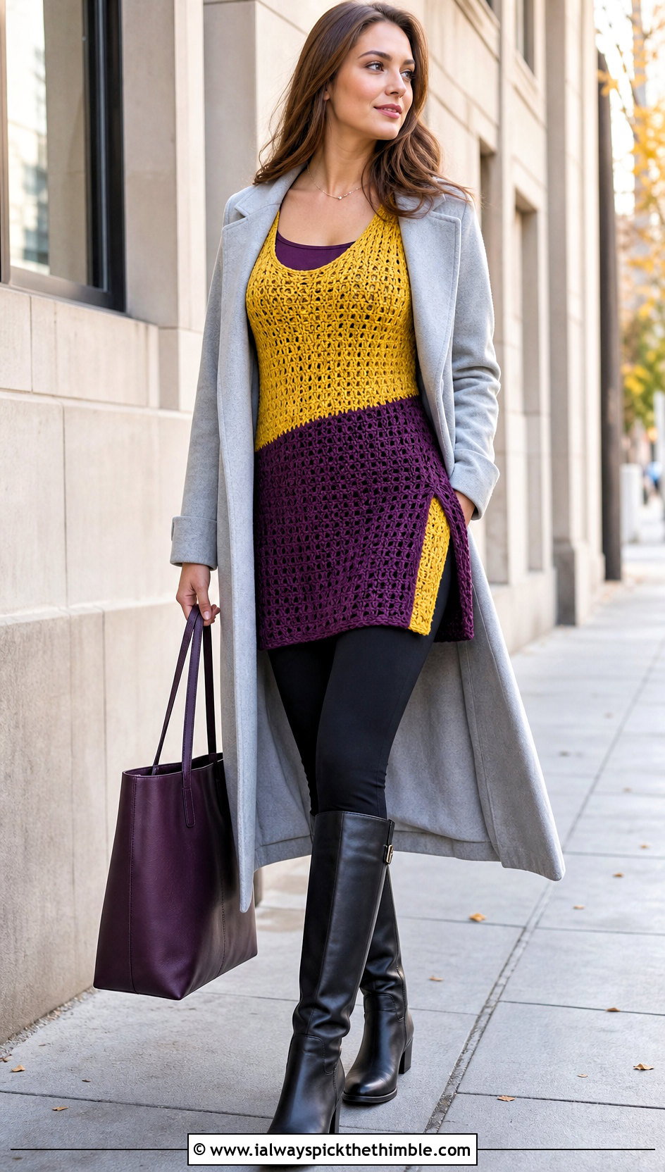 Two Tone Crochet Tunic Top With Leggings And Boots - 20 Crochet Two Tone Top outfit ideas