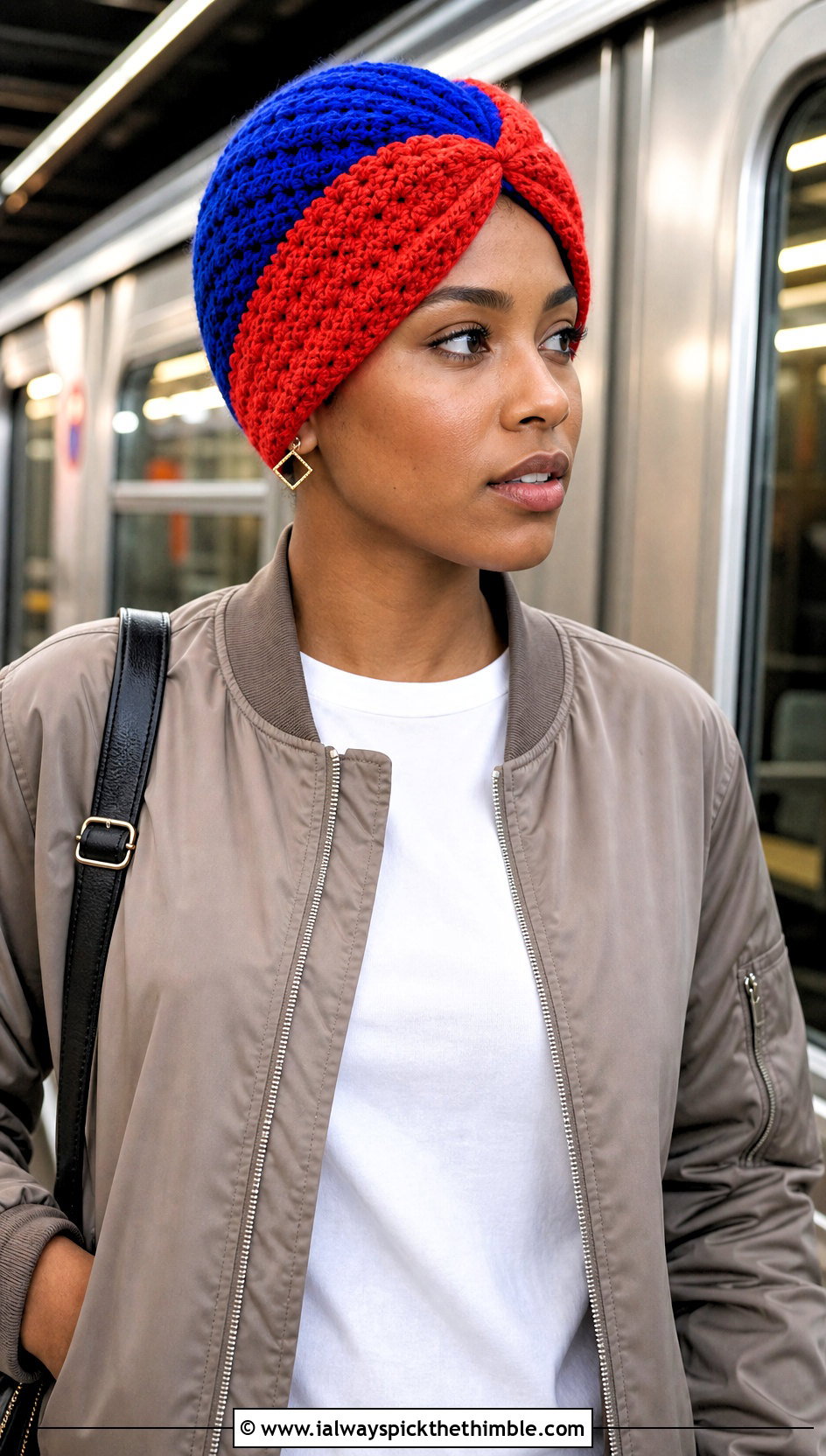 Two Tone Crochet Turban Hat With Bomber Jacket And Jeans - 25 crochet turban hat outfit ideas