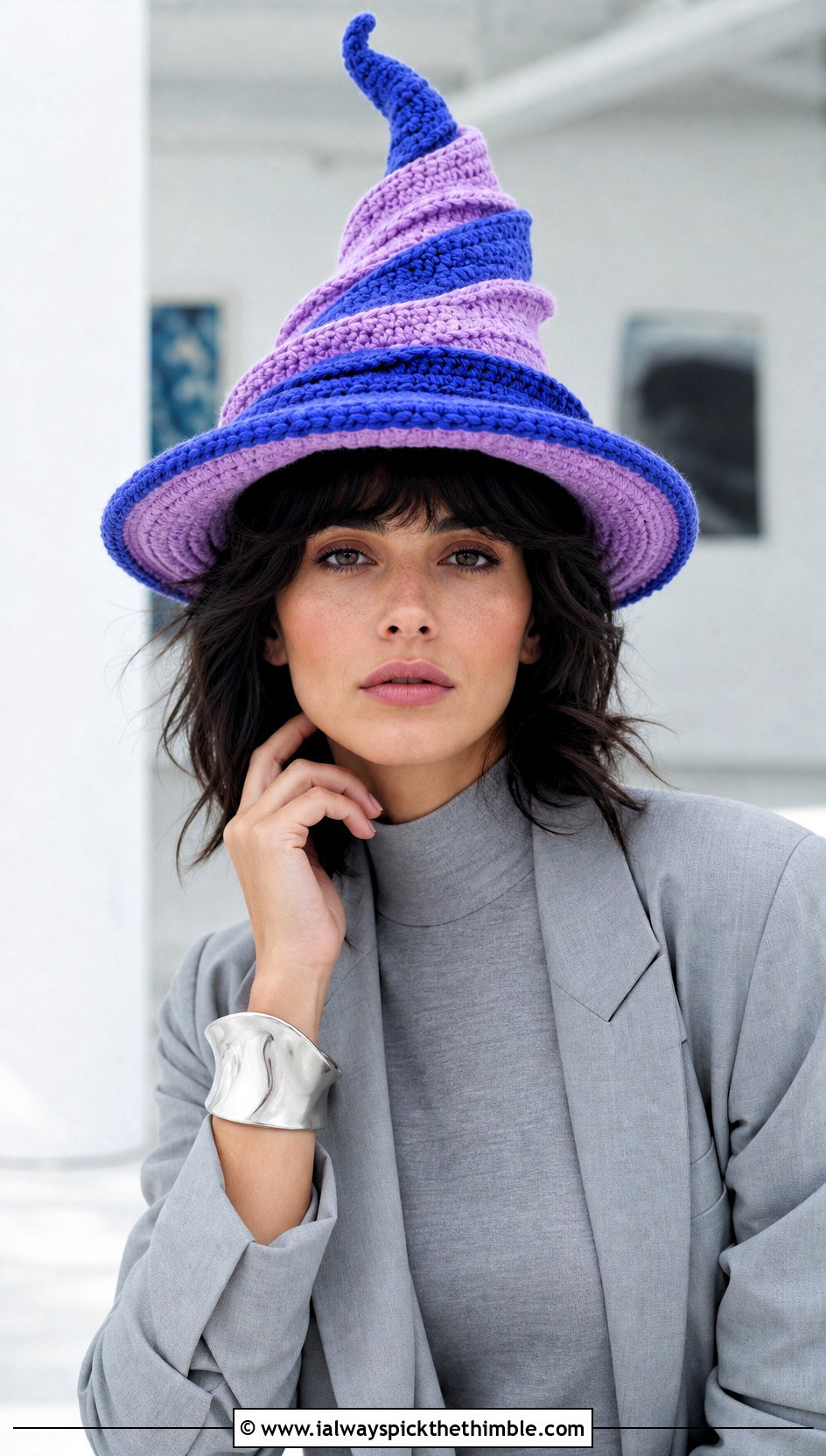 Two Tone Crochet Twisted Witch Hat With Monochrome Outfit - 20 crochet twisted witch hat outfit ideas