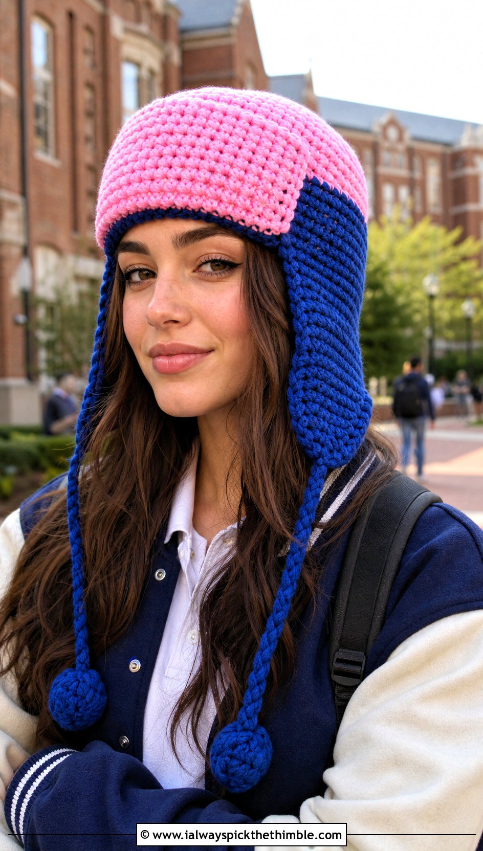 Two Tone Crochet Ushanka Hat With Varsity Jacket - 20 crochet ushanka hat outfit ideas