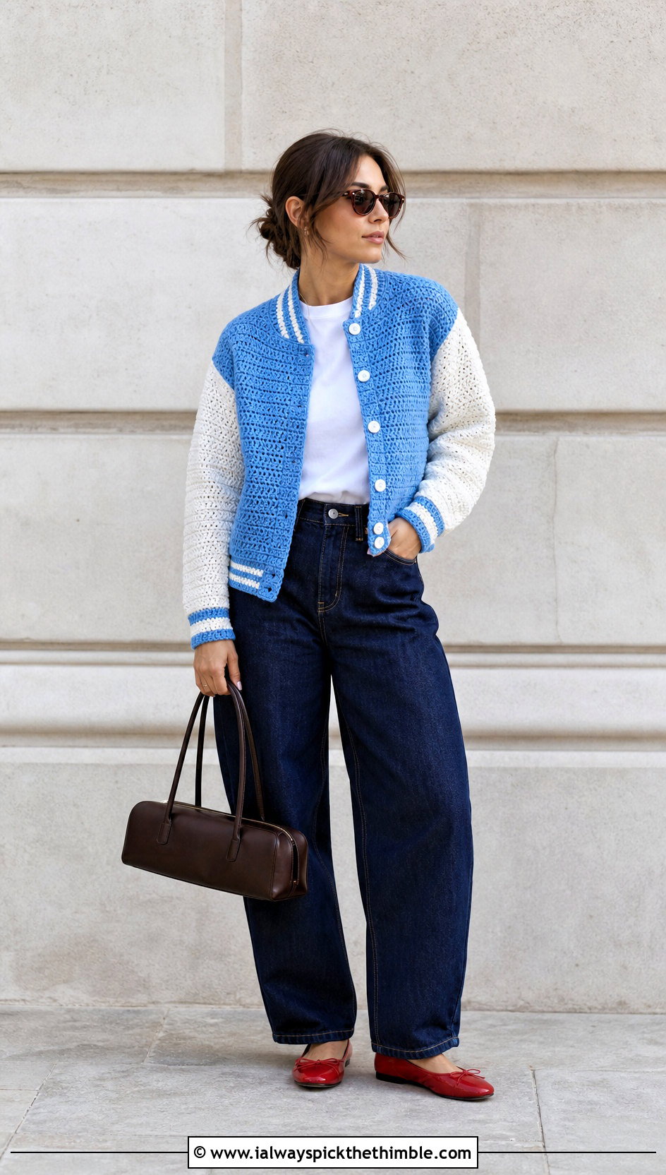 Two Tone Crochet Varsity Jacket With Barrel Jeans - 25 crochet varsity jacket outfit ideas