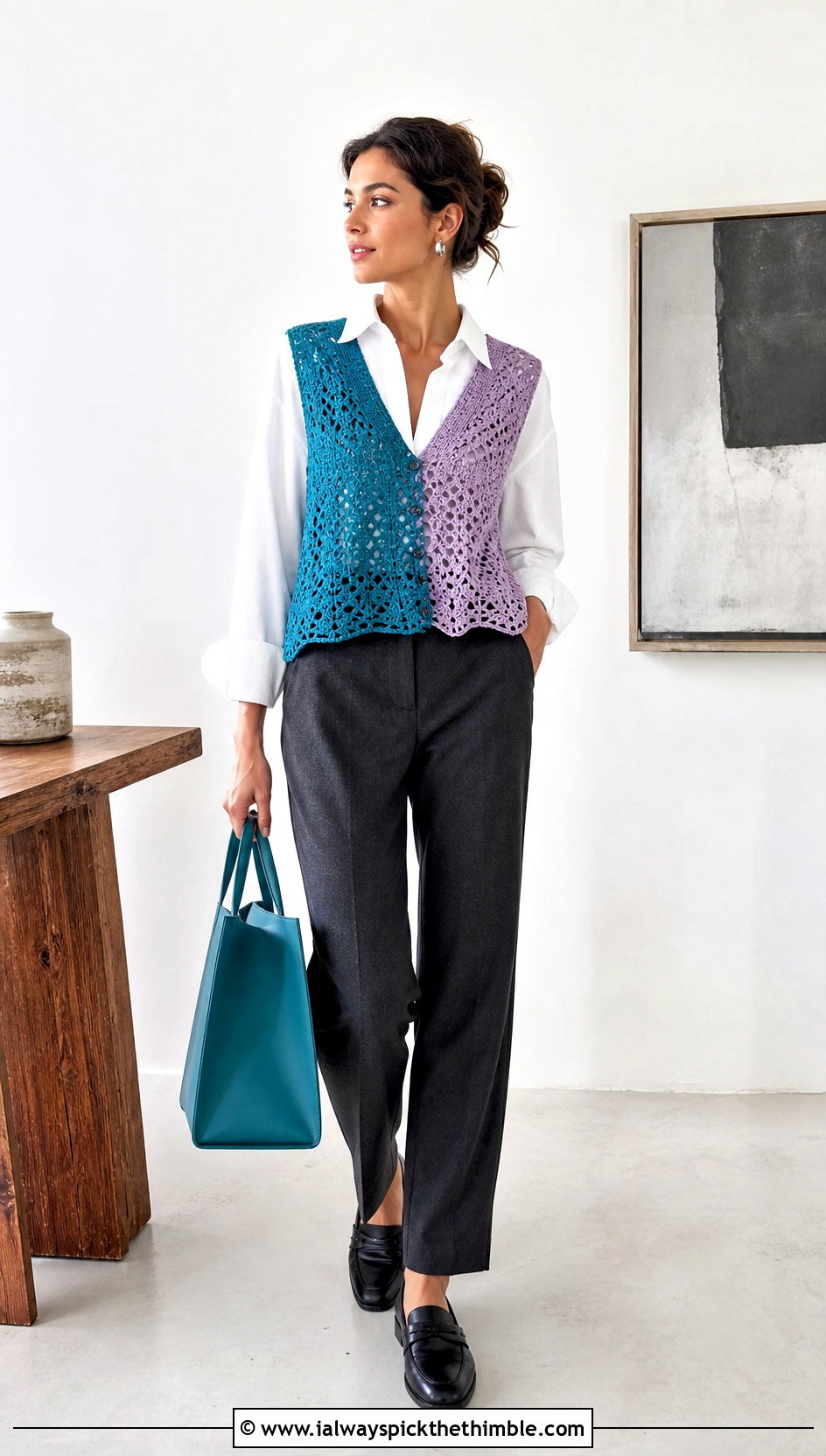 Two Tone Crochet Vest Top With Button Down Shirt - 20 Crochet Two Tone Top outfit ideas