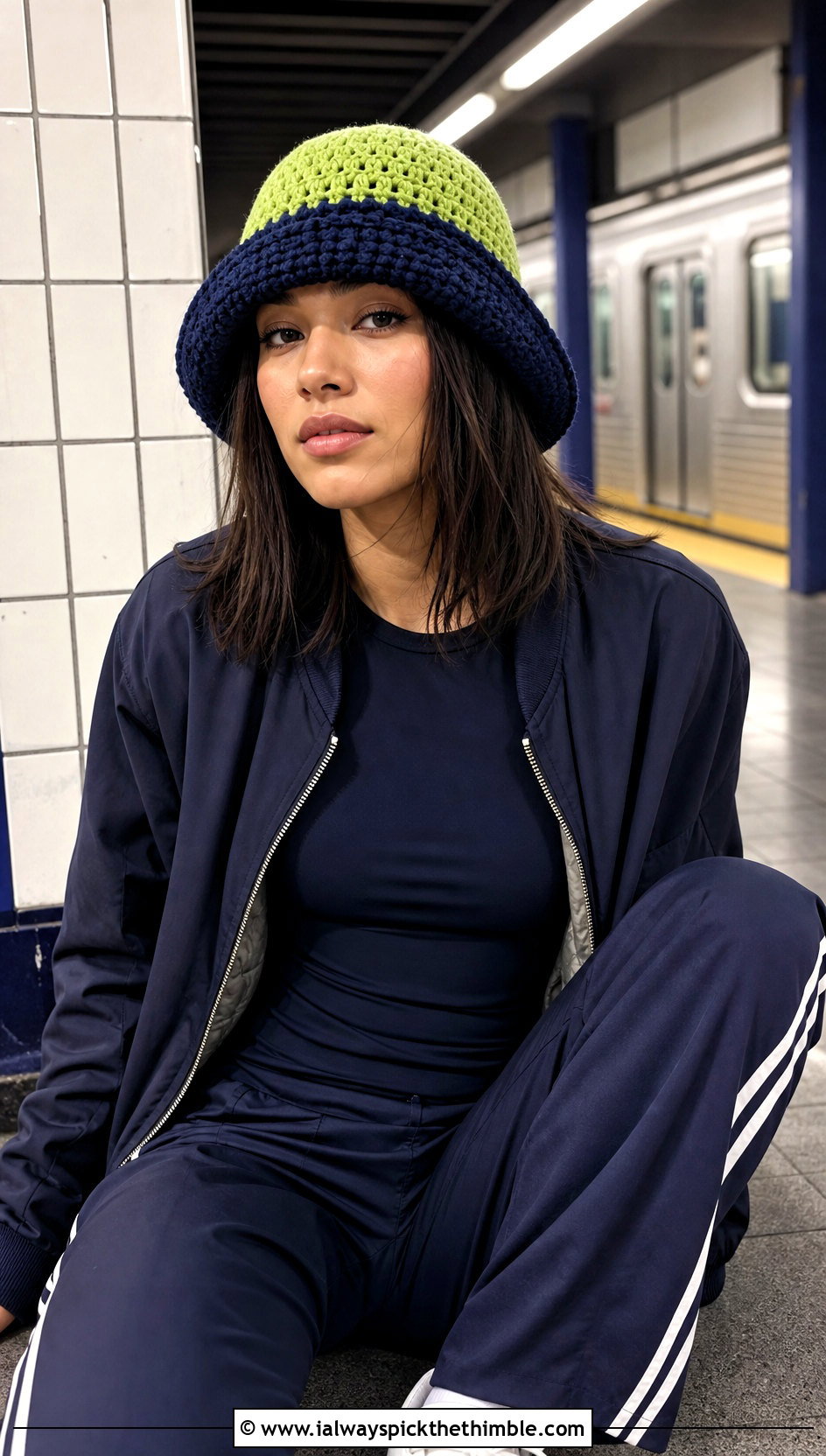 Two Tone Crocheted Bucket Hat With Track Pants - 25 Crocheted Bucket Hat outfit ideas