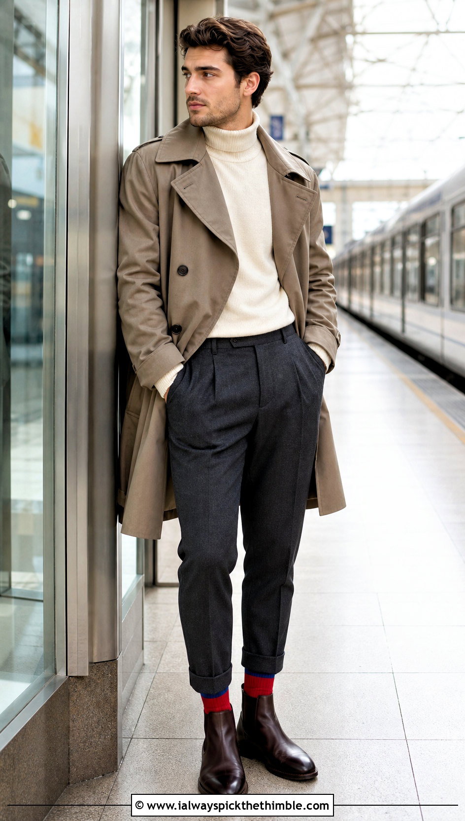 Two Tone Cuff Down Crochet Socks With Trench Coat - 20 Mens Crochet Socks outfit ideas