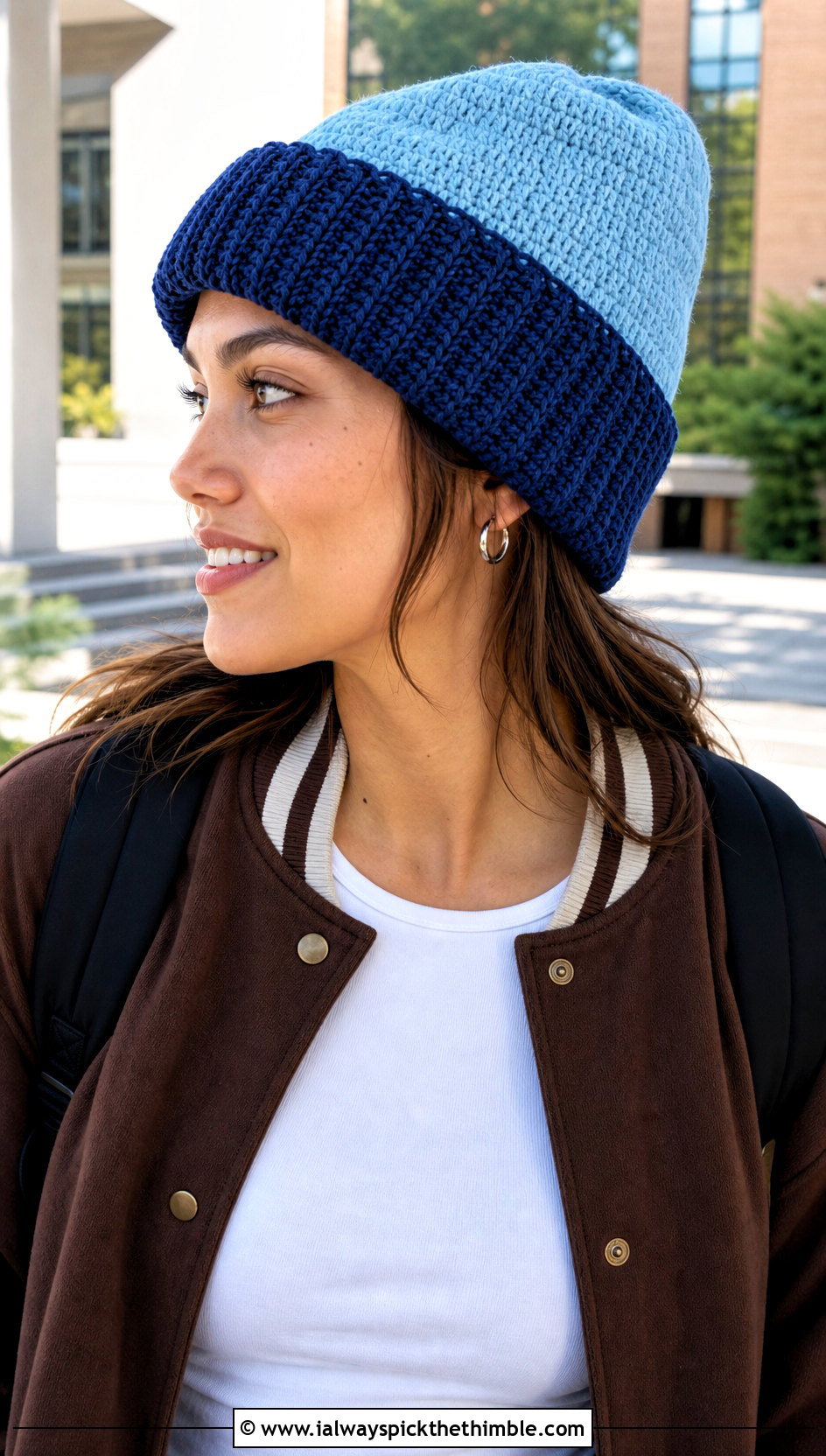 Two Tone Double Layer Roll Up Beanie With Varsity Jacket - 15 Double Layer Crochet Hat outfit ideas