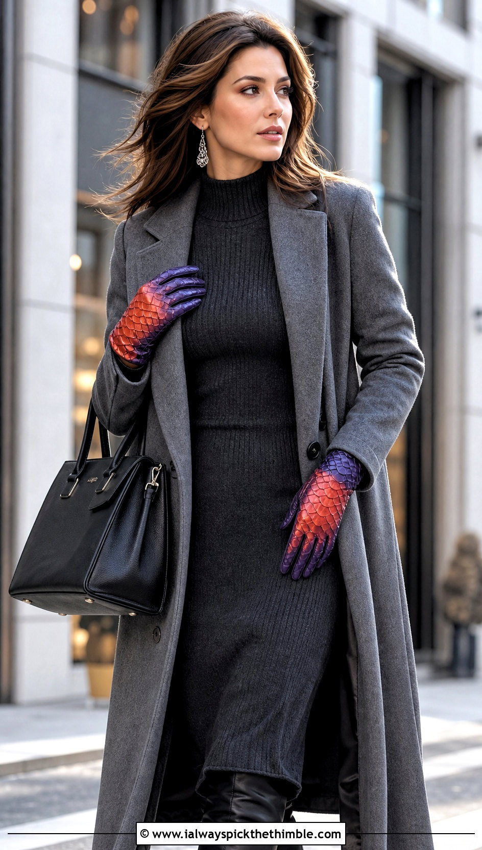 Two Tone Dragon Scale Gloves With Knit Dress And Long Coat - 20 dragon scale crochet gloves outfit ideas