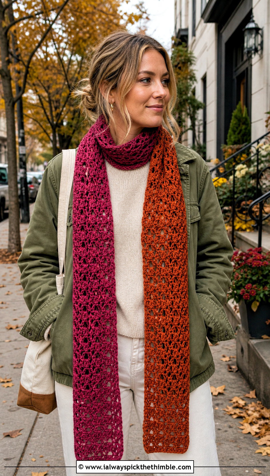 Two Tone Extra Long Crochet Scarf With Utility Jacket - 20 two tone crochet scarf outfit ideas