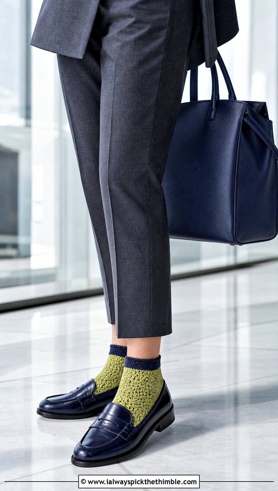 Two Tone Flat Crochet Socks With a Trouser Suit - 20 flat crochet sock outfit ideas