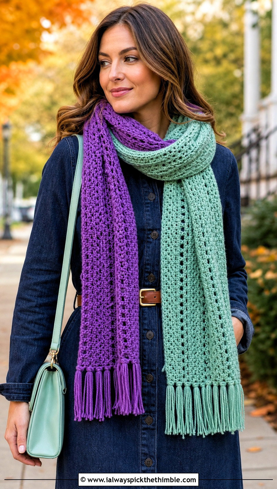 Two Tone Fringed Rectangular Crochet Scarf With Denim Dress - 20 two tone crochet scarf outfit ideas