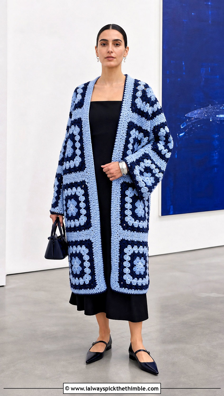 Two Tone Giant Granny Square Cardigan With Black Midi Dress - 25 giant granny square cardigan outfit ideas