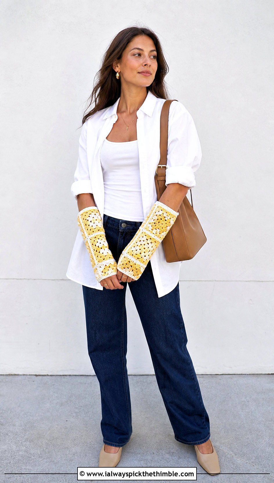 Two Tone Granny Square Arm Warmers With White Shirt - 20 Granny Square Arm Warmers outfit ideas