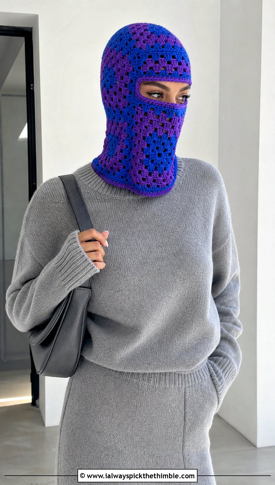 Two Tone Granny Square Balaclava With Monochrome Knit Set - 25 granny square balaclava outfit ideas