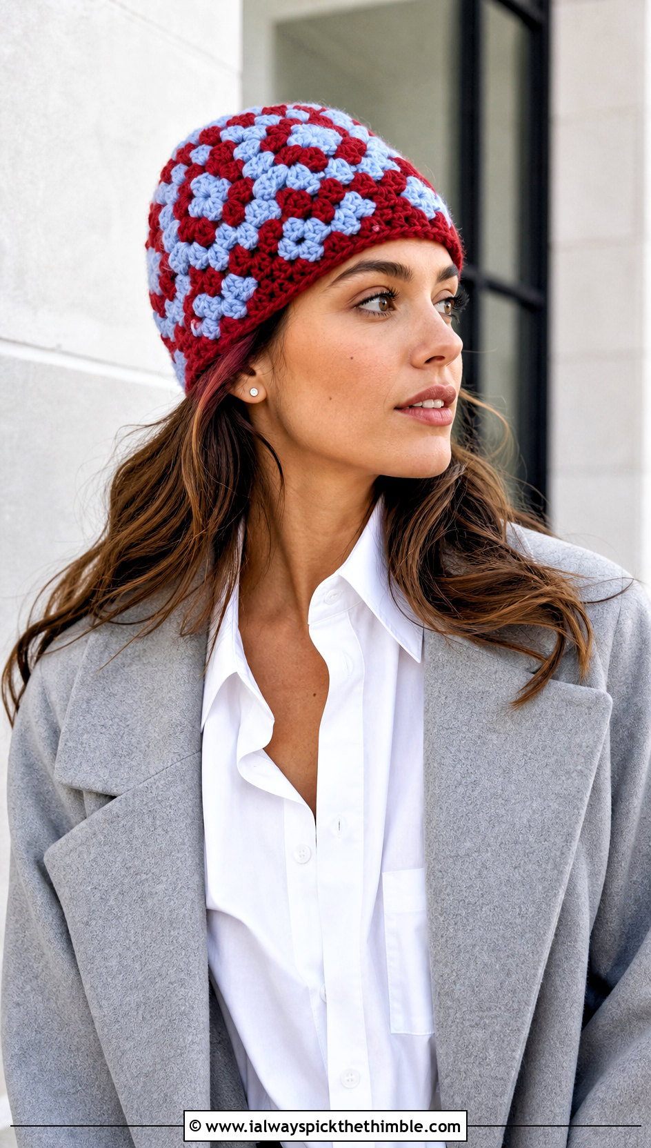 Two Tone Granny Square Beanie With Shirt And Trousers - 25 crochet granny square beanie outfit ideas