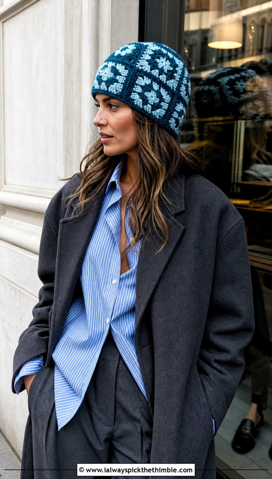 Two Tone Granny Square Beanie With Tailored Trousers - 20 granny square beanie outfit ideas
