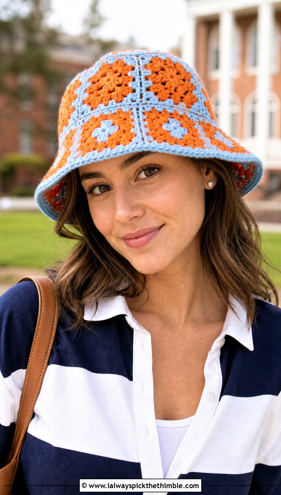 Two Tone Granny Square Bucket Hat With Rugby Shirt And Shorts - 20 crochet square hat outfit ideas