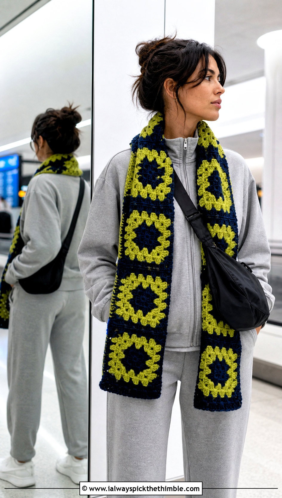 Two Tone Granny Square Crochet Scarf With Athleisure Set - 25 granny square crochet scarf outfit ideas