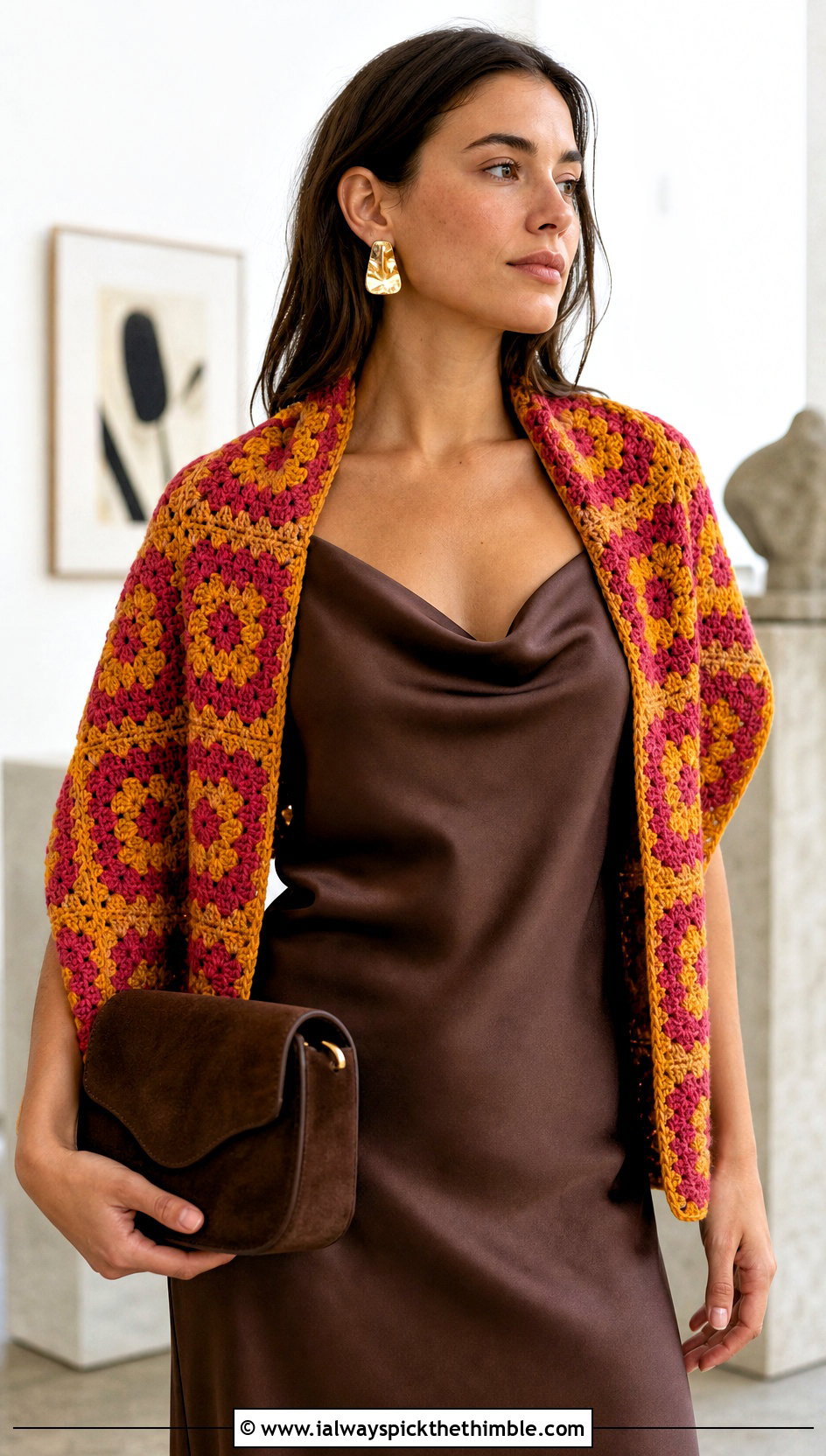 Two Tone Granny Square Crochet Scarf With Slip Dress - 20 two tone crochet scarf outfit ideas