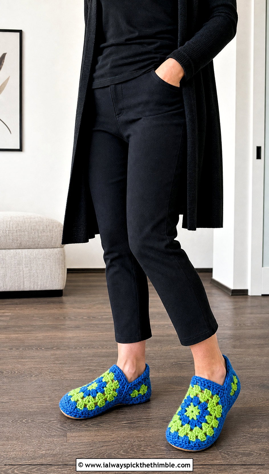 Two Tone Granny Square Crochet Slippers With A Monochrome Outfit - 20 Easy Granny Square Crochet Slippers outfit ideas