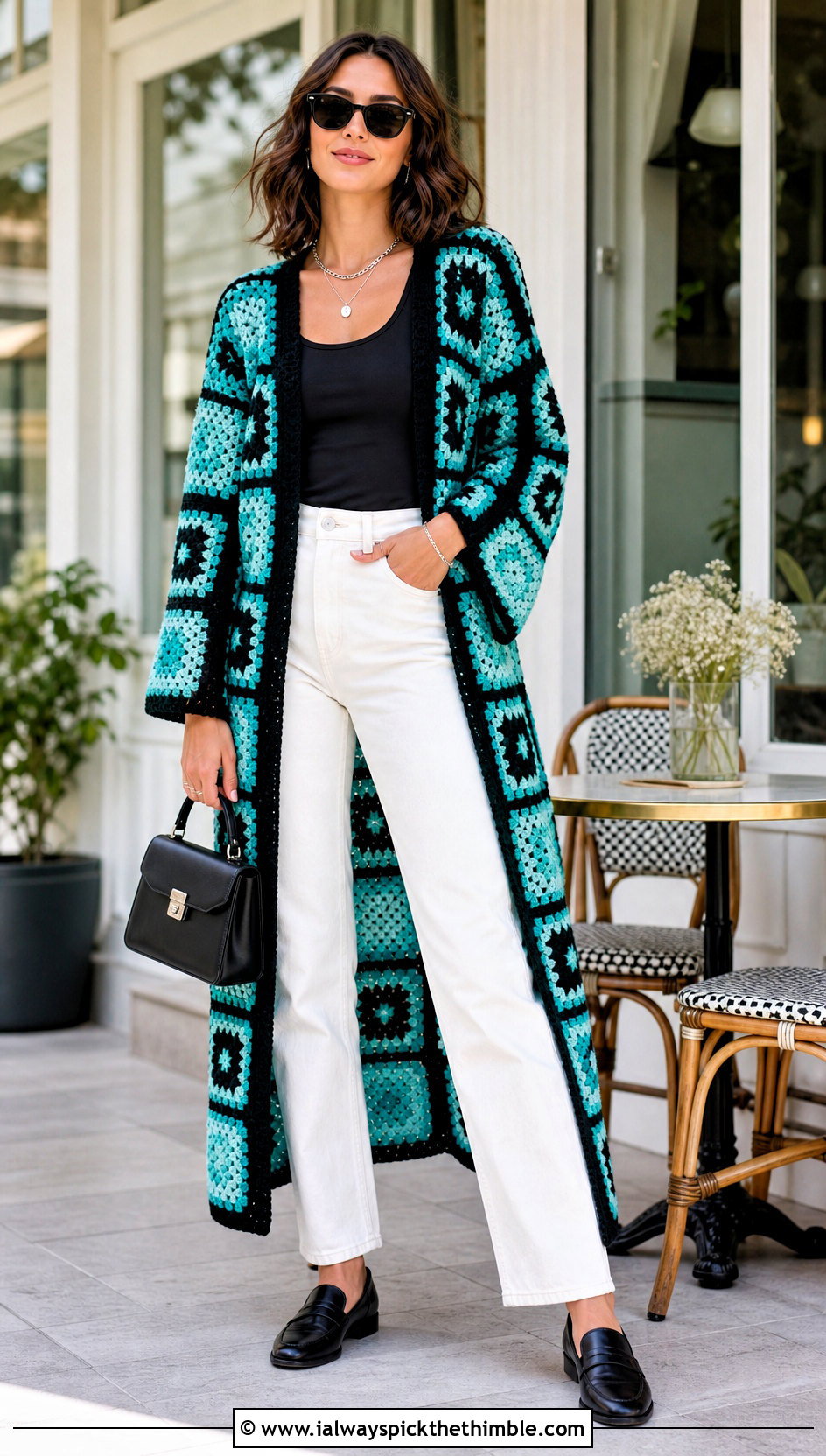 Two Tone Granny Square Duster With White Jeans - 25 granny square duster outfit ideas