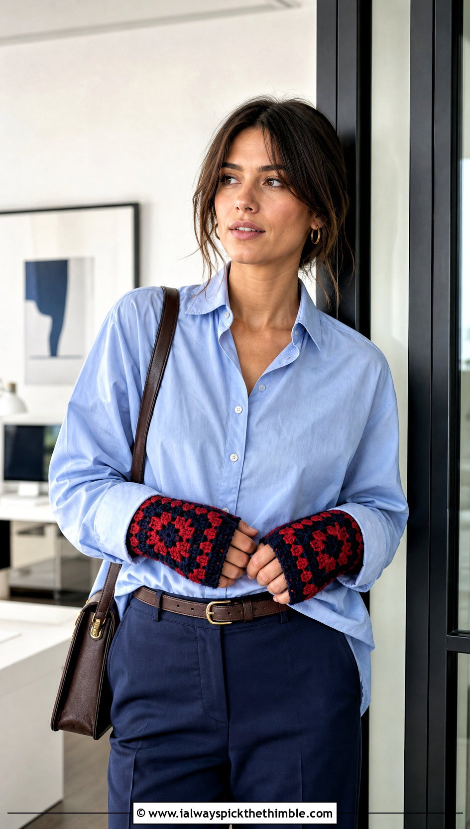 Two Tone Granny Square Fingerless Gloves With Button Down Shirt - 20 crochet granny square fingerless gloves outfit ideas