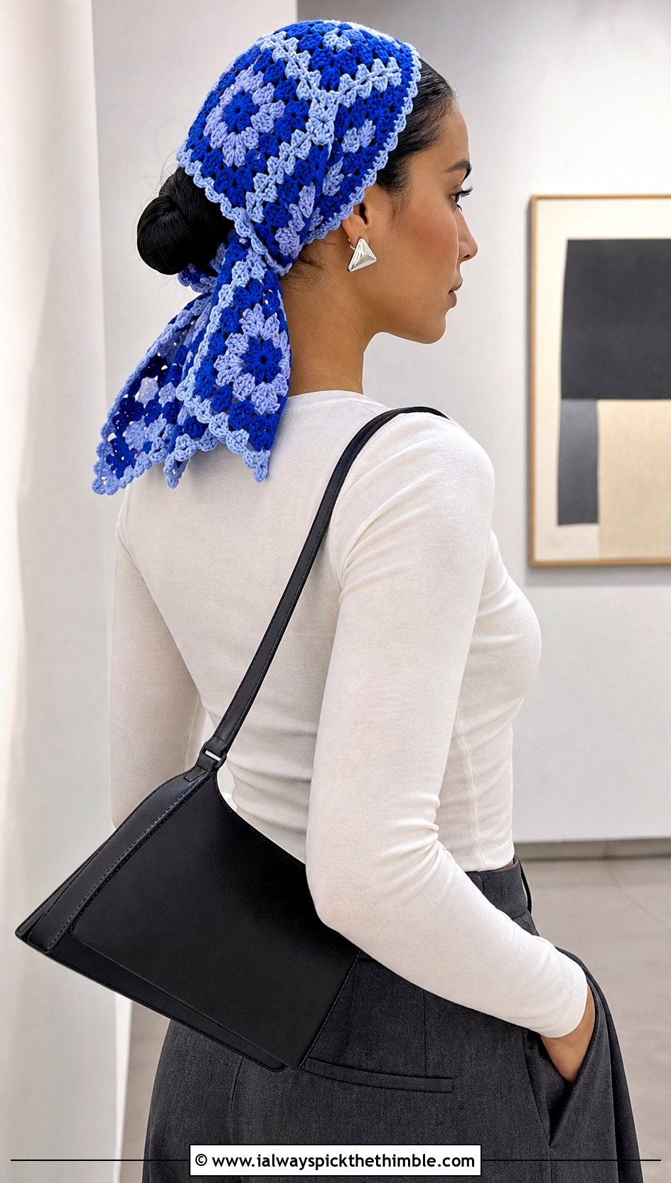 Two Tone Granny Square Head Scarf With Minimalist Separates - 25 granny square head scarf outfit ideas