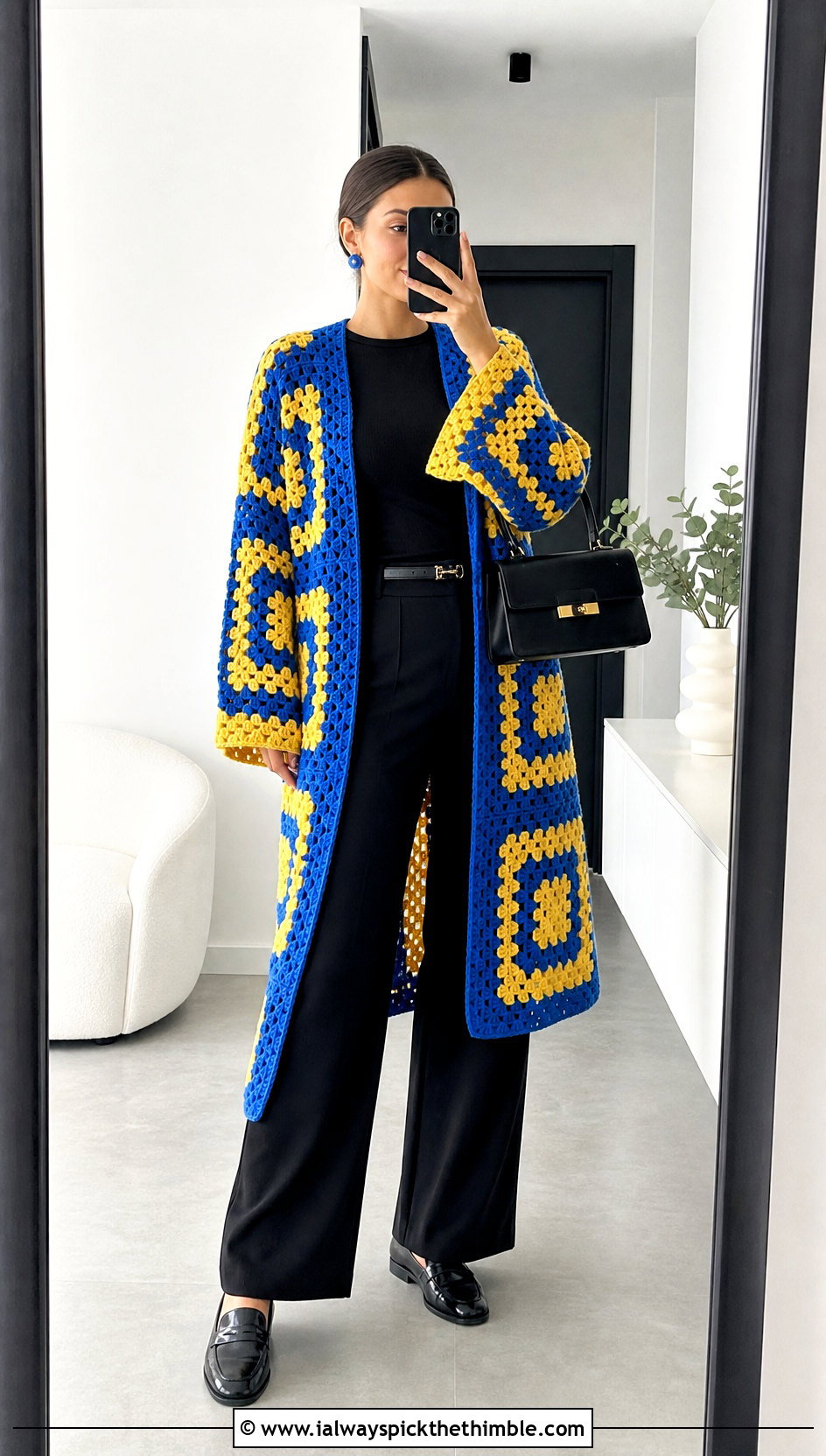 Two Tone Granny Square Long Cardigan With Monochrome Basics - 20 granny square long cardigan outfit ideas