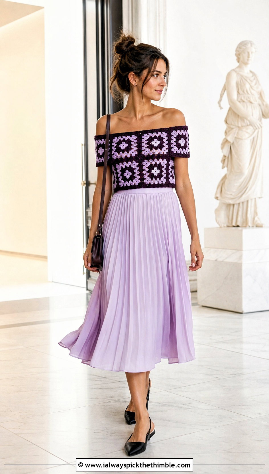 Two Tone Granny Square Off The Shoulder Top With Pleated Midi Skirt - 20 Granny Square Off The Shoulder Top outfit ideas