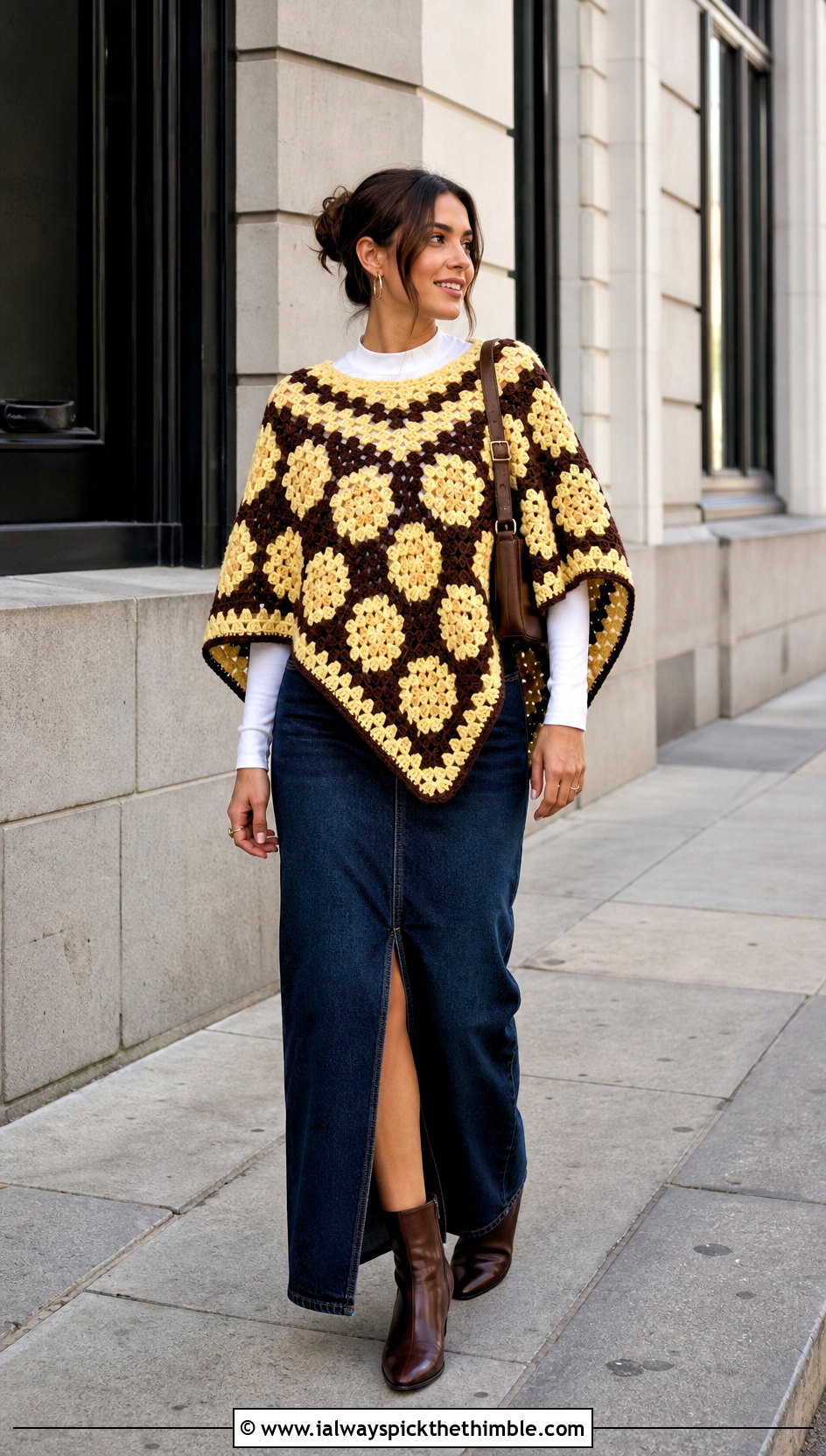 Two Tone Granny Square Poncho With Denim Maxi Skirt - 25 crochet granny square poncho outfit ideas
