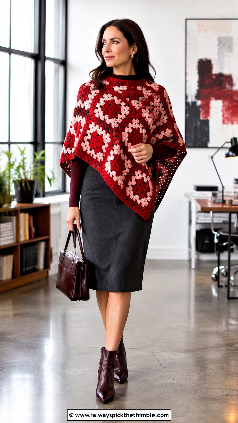 Two Tone Granny Square Poncho With Pencil Skirt - 25 granny square poncho outfit ideas