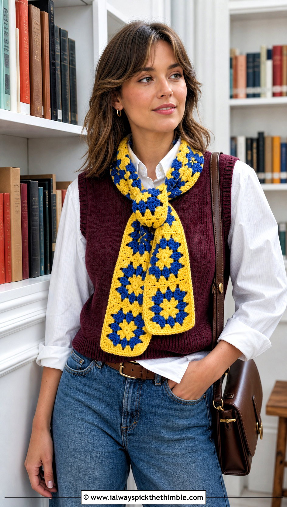 Two Tone Granny Square Scarf With Sweater Vest And Barrel Jeans - 25 granny crochet scarf outfit ideas