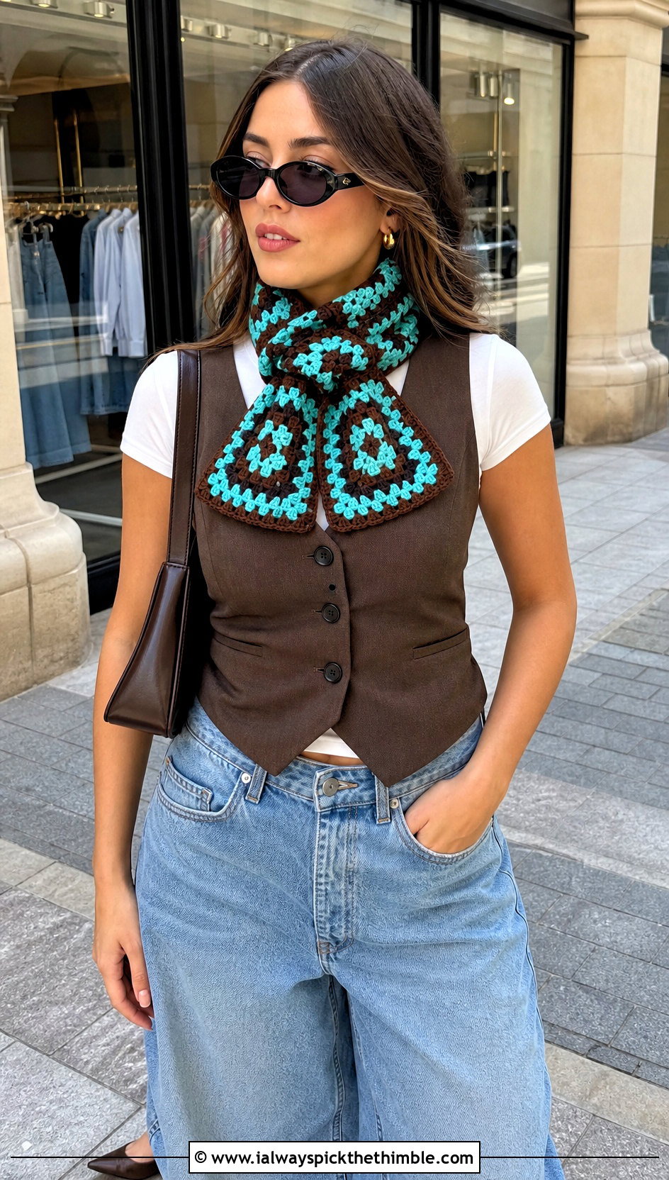 Two Tone Granny Square Scarf With Vest And Barrel Jeans - 20 crochet granny square scarf outfit ideas