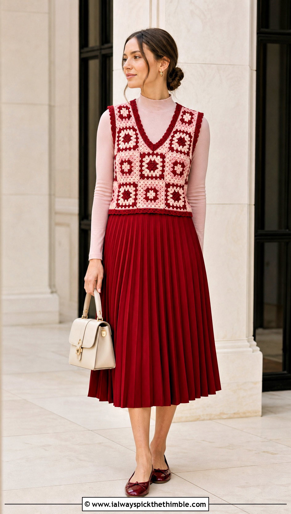 Two Tone Granny Square Sweater Vest With Pleated Skirt - 25 granny square sweater vest outfit ideas