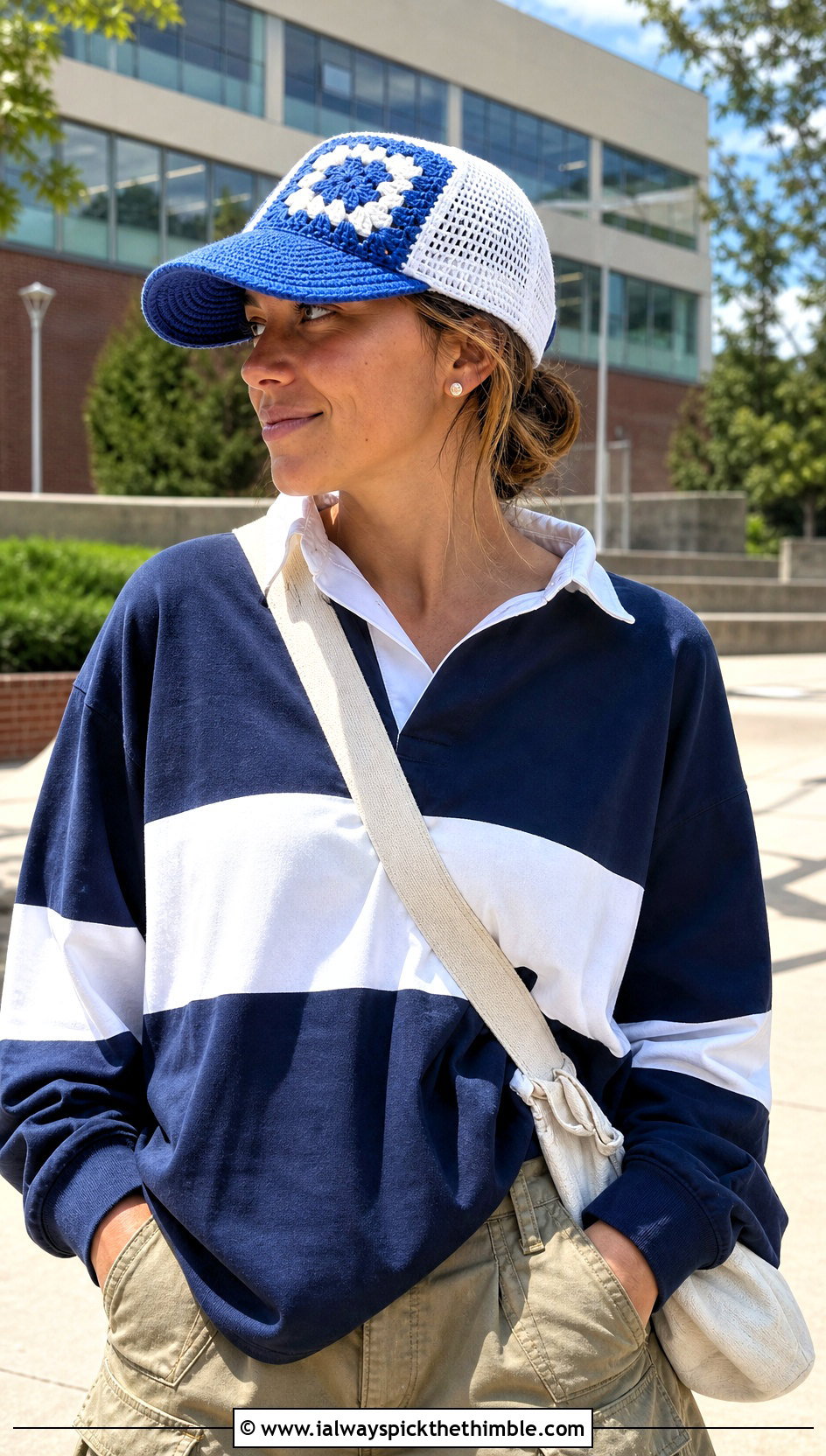 Two Tone Granny Square Trucker Hat With Rugby Shirt And Cargo Pants - 25 granny square trucker hat outfit ideas