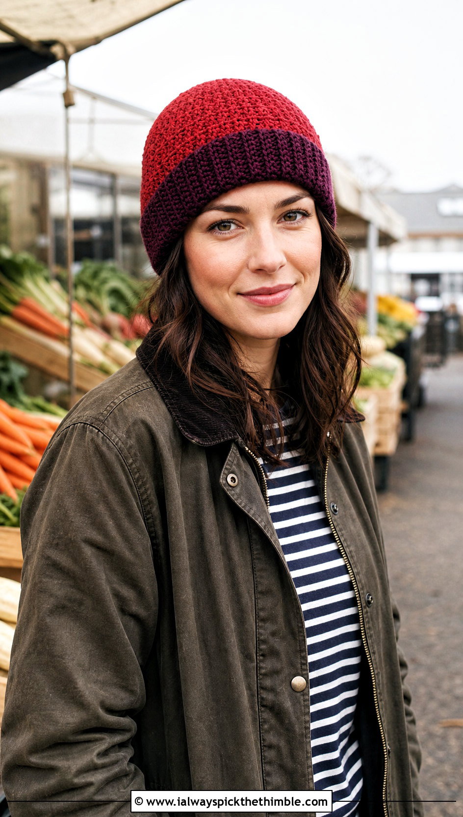 Two Tone HDC Crochet Beanie With Barn Jacket And Dark Denim - 20 hdc crochet beanie outfit ideas