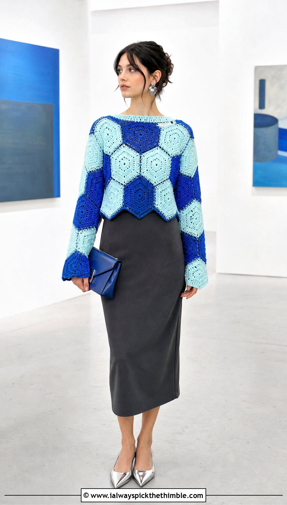 Two Tone Hexagon Pullover With Column Dress - 25 crochet hexagon pullover outfit ideas