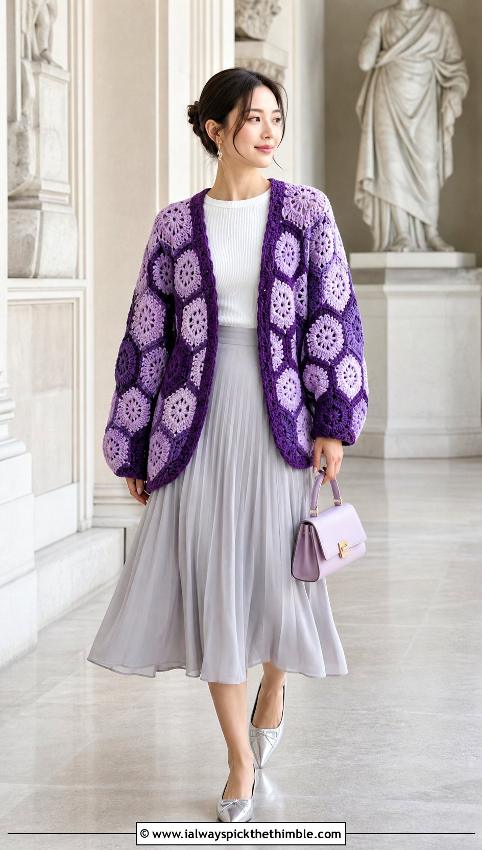Two Tone Hexi Cardigan With Pleated Midi Skirt - 25 crochet hexi cardigan outfit ideas