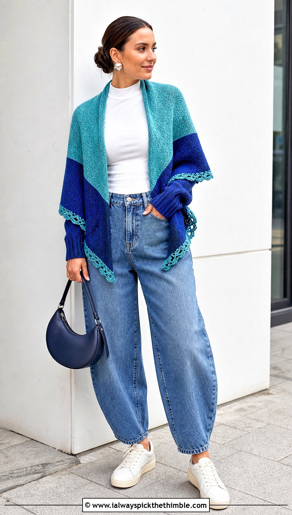 Two Tone Highlander Shawl With Barrel Jeans - 20 Crochet Highlander Shawl outfit ideas