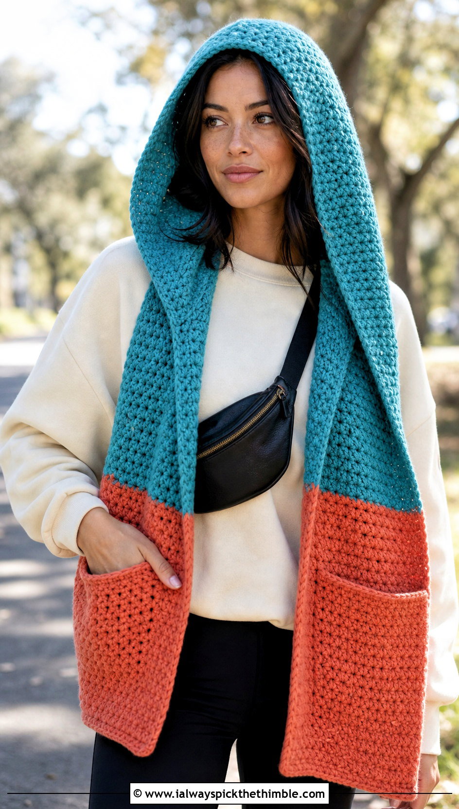 Two Tone Hooded Pocket Crochet Scarf With Leggings - 20 two tone crochet scarf outfit ideas