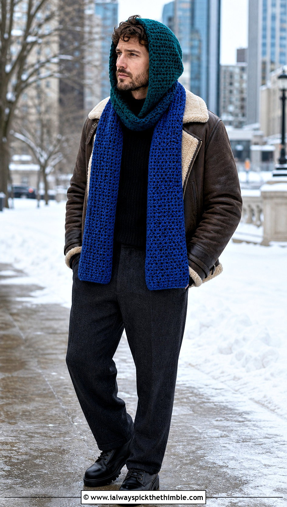 Two Tone Hooded Scarf With Shearling Jacket - 20 Crochet Hooded Scarf For Men outfit ideas