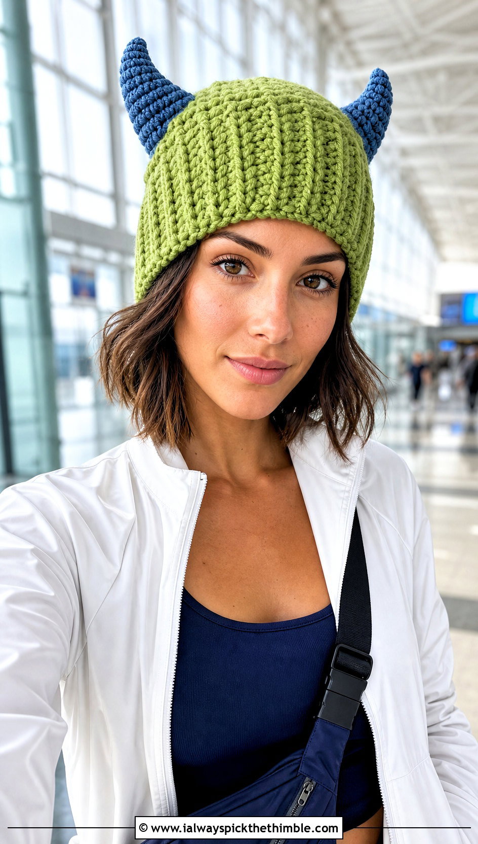 Two Tone Horn Crochet Beanie With Track Jacket - 20 crochet hat with horns outfit ideas